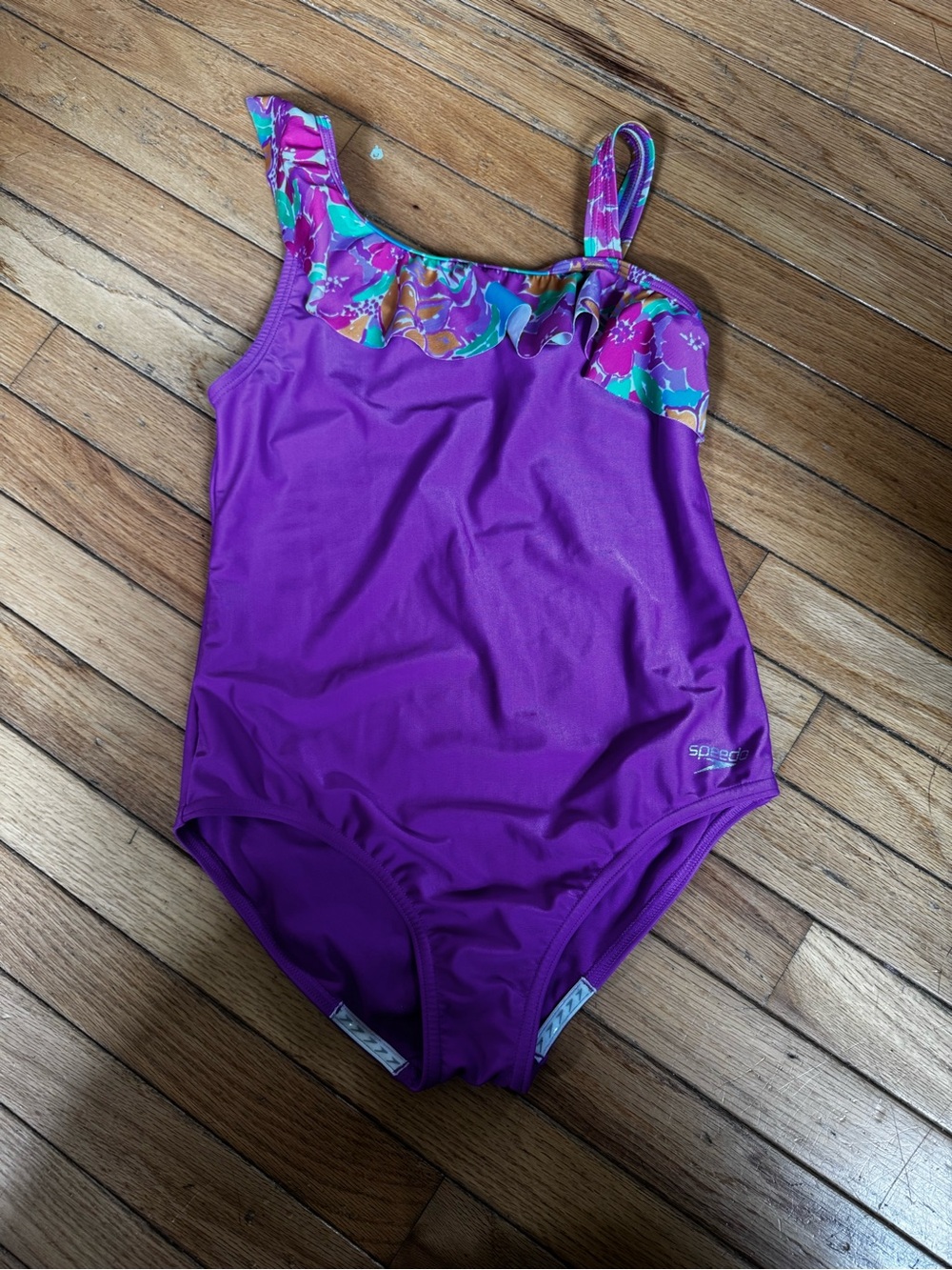 Speedo Purple Girls' One-Piece Swim Suit with Tropical Ruffle